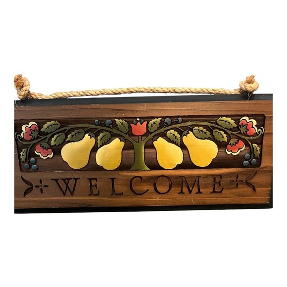 Wood Welcome Hanging Sign With Pear Tree Design 5.5" X 14" - Picture 2 of 3